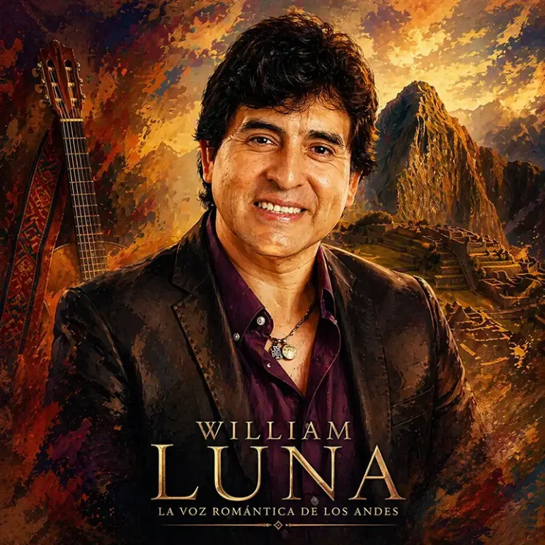 William Luna cantante andino peruano interpretando música folklórica con guitarra en escenario